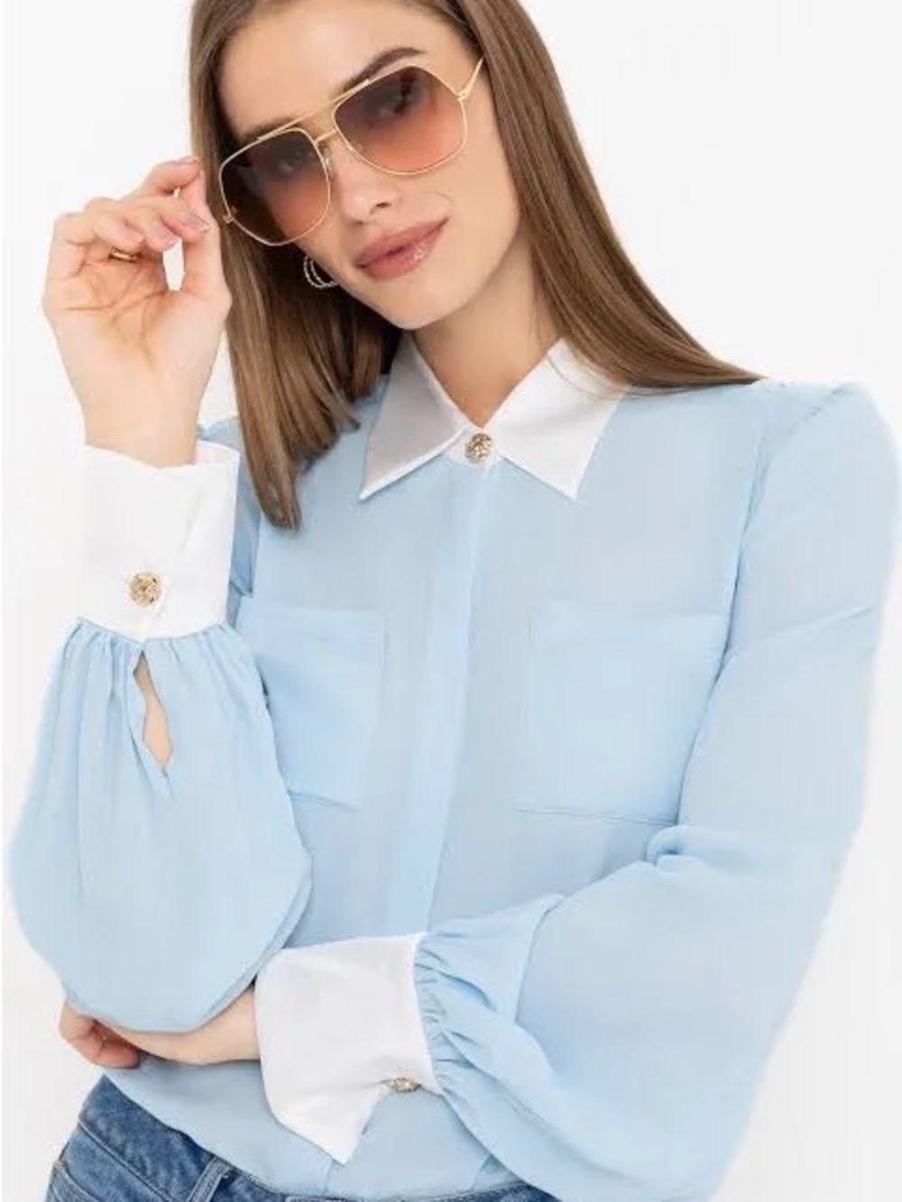 Generation love Light Blue Contrast-Collar Blouse with Gold Buttons